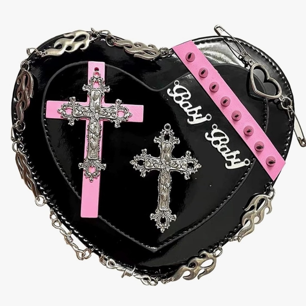Goth Purse Kawaii Gothic Bag Y2K Heart Shaped Bag Punk Cross Decor Bag Studded